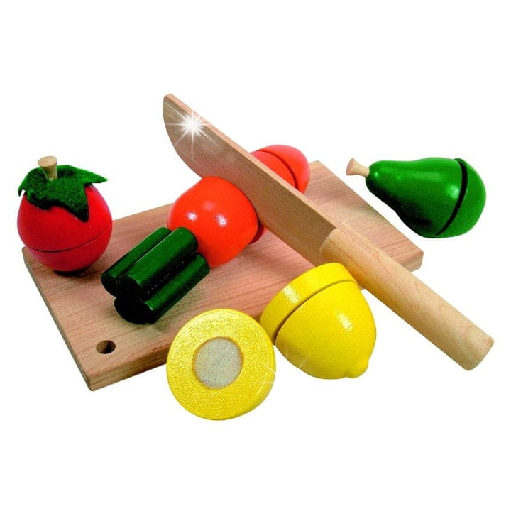 Fából készült zöldség- és gyümölcsvágó készlet, Woody, 12 részes