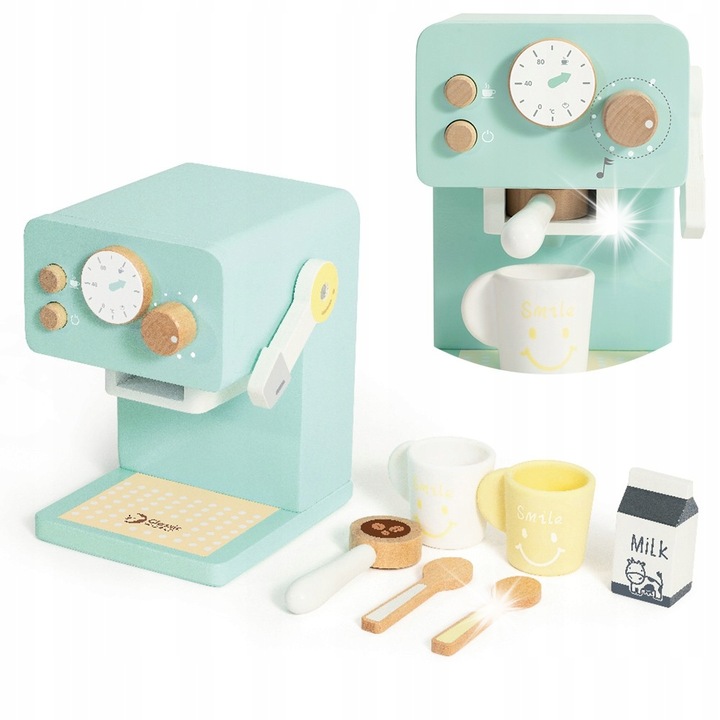 Fából készült kávéfőző, 7 részes gyermek szett, Classic World, mozgatható elemek, hangok, natúr
