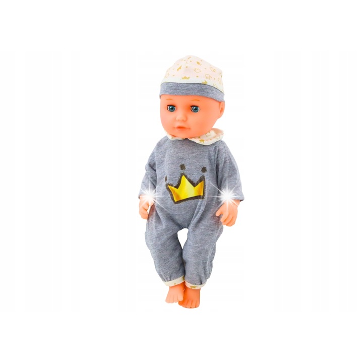 Lala Bobas szürke pizsamában, hangokkal, mérete 35x16x9cm, cumisüveggel és cumival