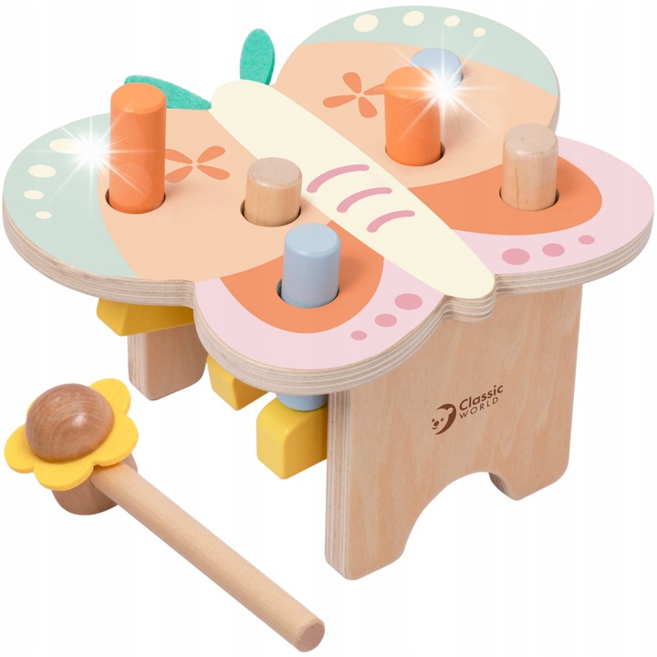 Fából készült pillangó alakú játszóasztal, Classic World, virág alakú kalapáccsal, pasztell színek, komplett készlet