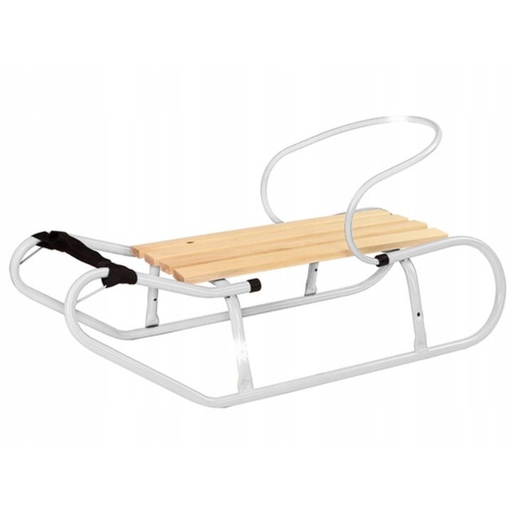 Fém szánkó háttámlával, LEAN Toys, fehér, 83x38x21cm, maximális terhelhetőség 75kg