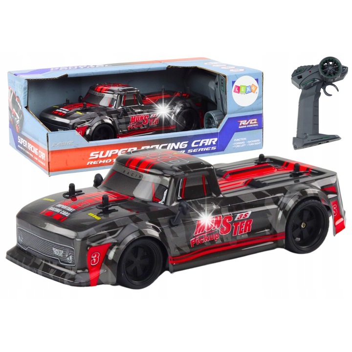 Távirányítós Pickup RC 1:18 autó, LEAN Toys, Fekete piros elemekkel, Méretek 23x10x7cm