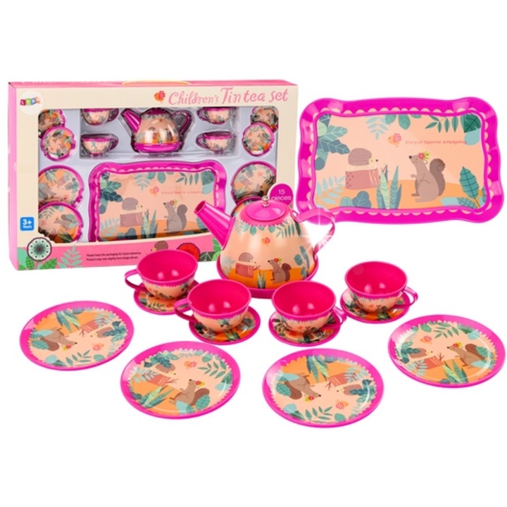 Kávé- és teáskészlet, LEAN Toys, 15 darabos, rózsaszín, erdei állatmotívumokkal