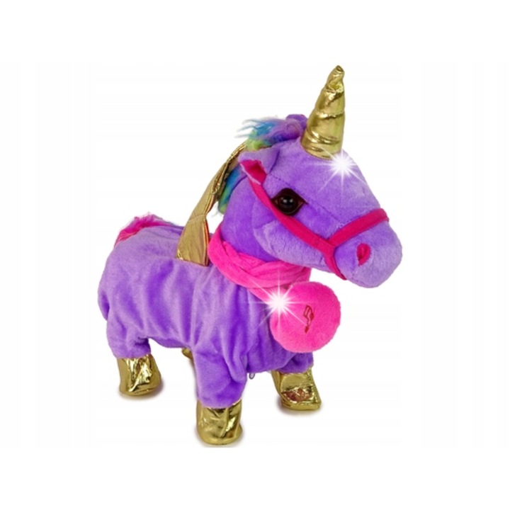 Плюшена играчка, LEAN Toys, Интерактивен еднорог, виолетов, със златни крила, 30x12x33см