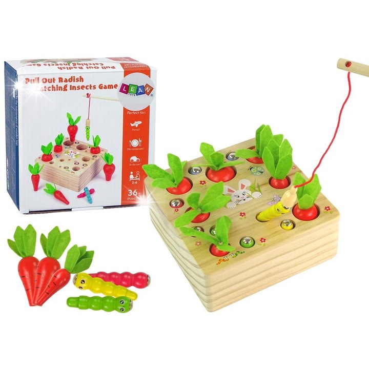 Joc educativ din lemn, LEAN Toys, set cu 6 morcovi si 6 viermi, dimensiuni 14x14x6cm, 15x15x8cm, pentru copii peste 3 ani
