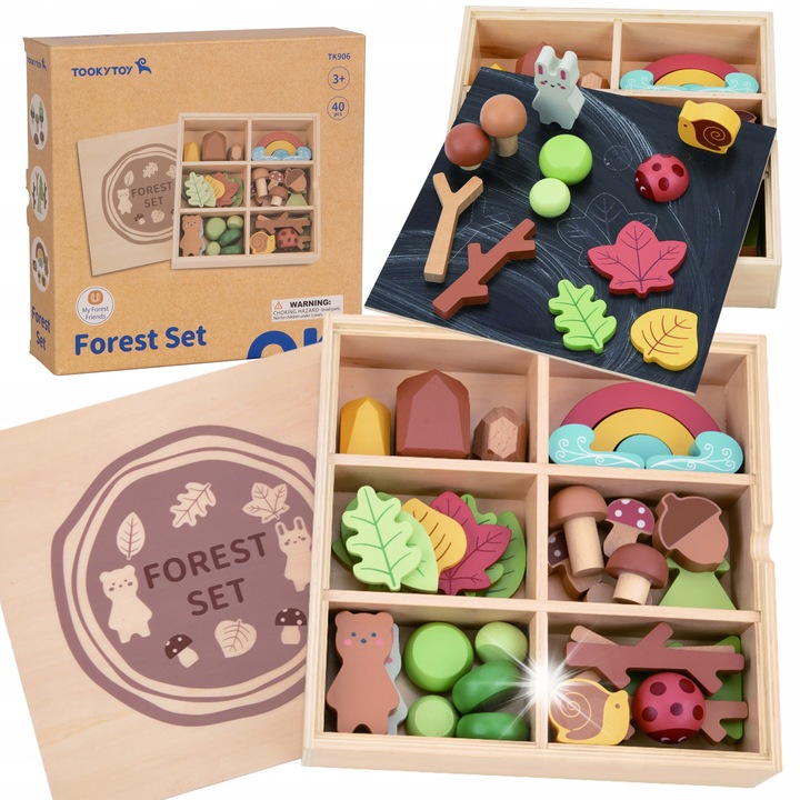 Комплект играчки за сортиране Tooky Toy, 40 части, дървена кутия