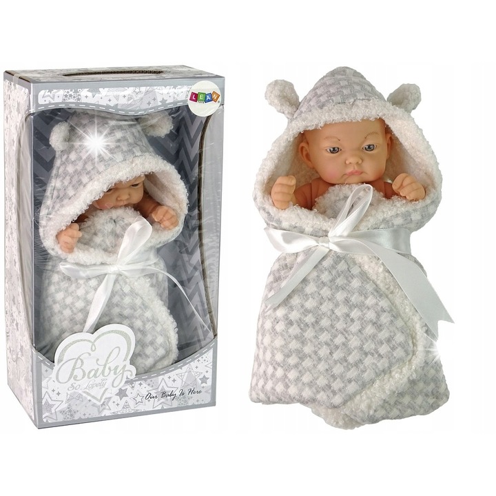 LEAN Toys baba, 24 cm-es szürke takaróval és masnival, takarós készlet
