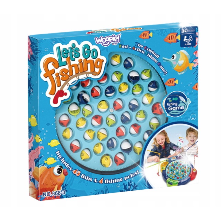 WOOPIE interaktív horgászjáték 4 személyes, 4 színes horgászbot, 24 hal