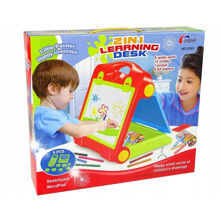 Tabla educationala pliabila 2 in 1, cu 6 markere, 16 crete colorate, multicolor