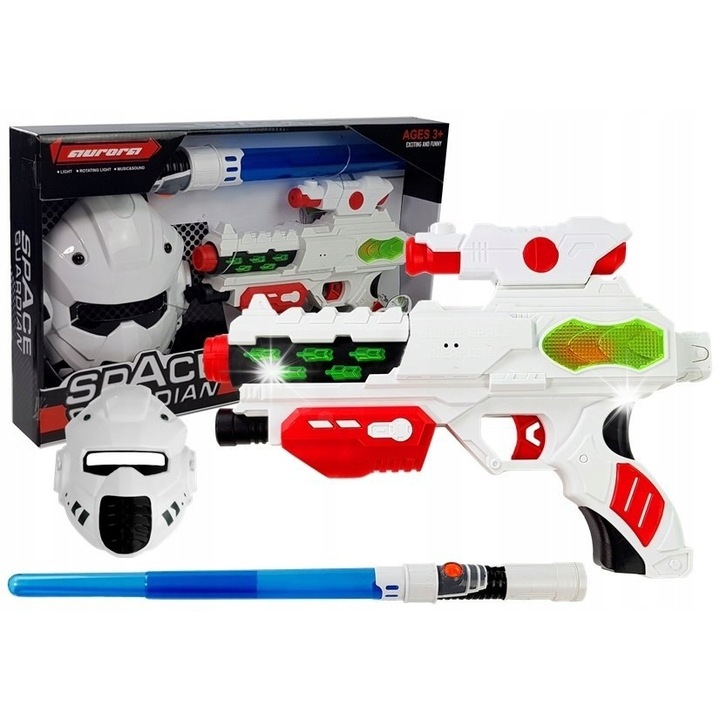 Комплект играчки оръжия, LEAN Toys, лазерен пистолет с маска и светещ меч, многоцветен, размери на пистолета 29x20см, маска 18x23см