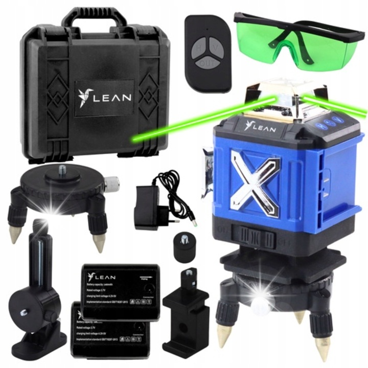 Лазерен нивелир 4D Lean, 16 линии, зелен, комплект с 2 батерии, размери 12x10x13см, включен куфар