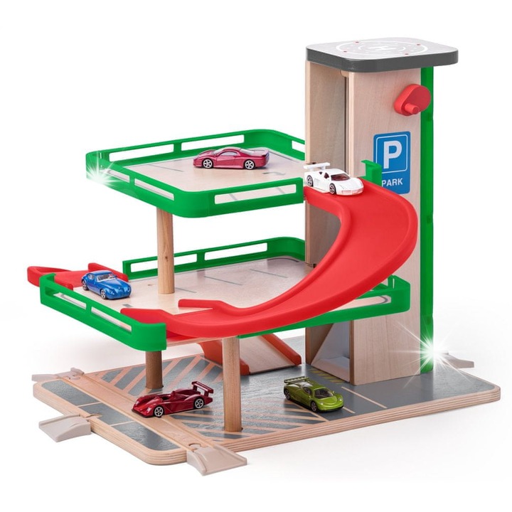 Parcare din lemn cu 3 niveluri, Woodyland, 5 masinute SIKU, cu lift si pante, multicolor