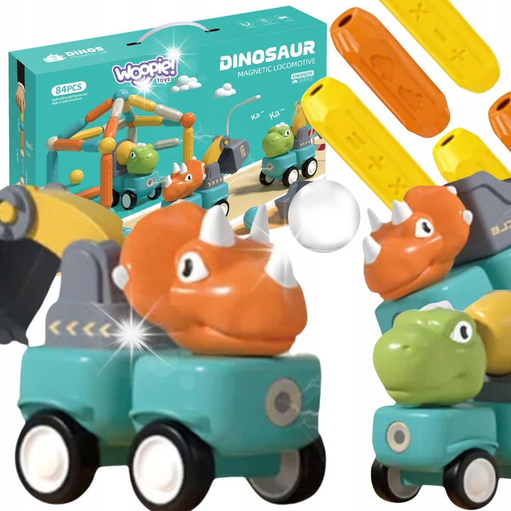 Комплект за изграждане Klocki Magnetyczne Динозаври 84 елемента, Woopie, наситени цветове, големи размери