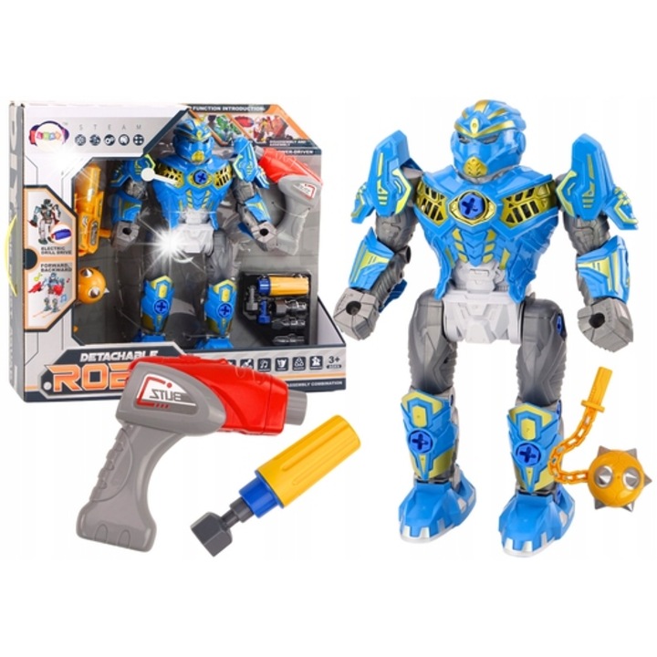 Робот за играчки LEAN Toys, робот за завинтване, със светлини и звуци, син, 36,5x24x12,5 см, комплект с бормашина и отвертка