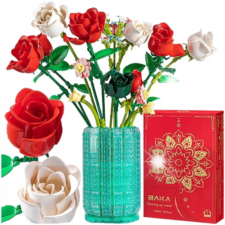 Építőkészlet, LEAN Toys, vörös rózsacsokor vázában, 1022 darab