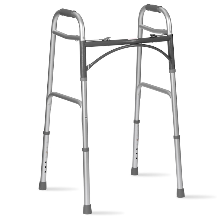 Cadru de mers pliabil, ajustabil pe inaltime, Balustrada antiderapanta, cu functie de pasitor, Constructie din aluminiu, usoara si usor de transportat