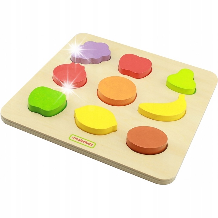 Дървена сензорна дъска, Masterkidz, сортиране на форми, цветни плодове, 28x28x2,3см