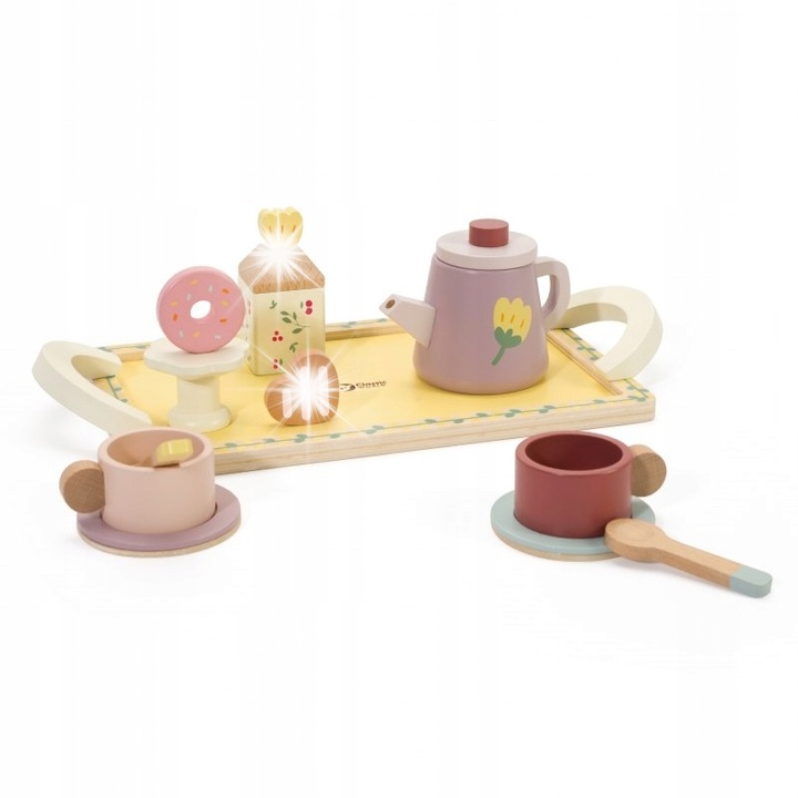 Fából készült teás- és desszertkészlet 14 részes, Classic World, gyerekeknek, dekoratív kiegészítőkkel, éles sarkok nélkül