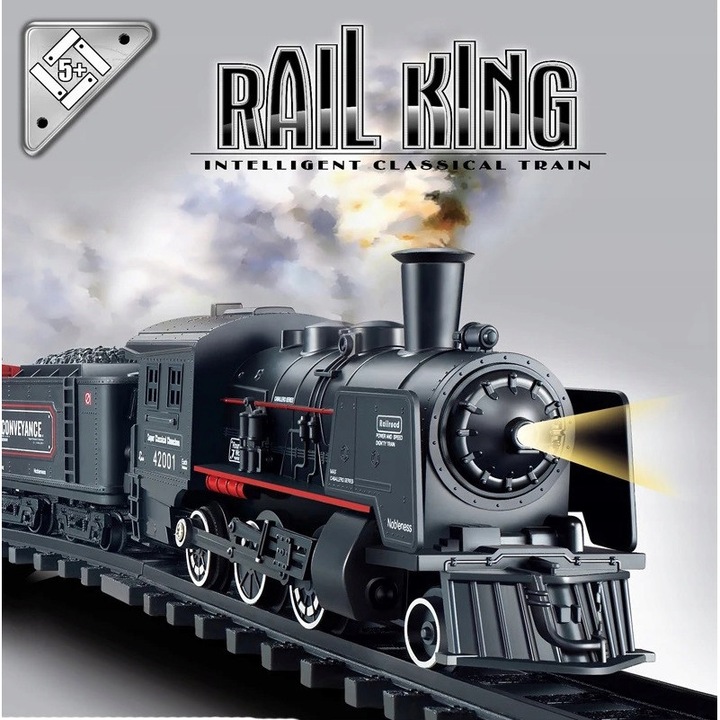 Влакче за играчки, LEAN Toys, парен локомотив, 4 вагона, ефекти на дим, 78x156cm