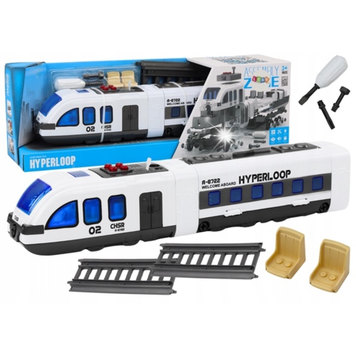 Játékvonat, LEAN Toys, személyvonat, fehér szürke elemekkel, 2 sínnel, hang- és fényeffektusokkal