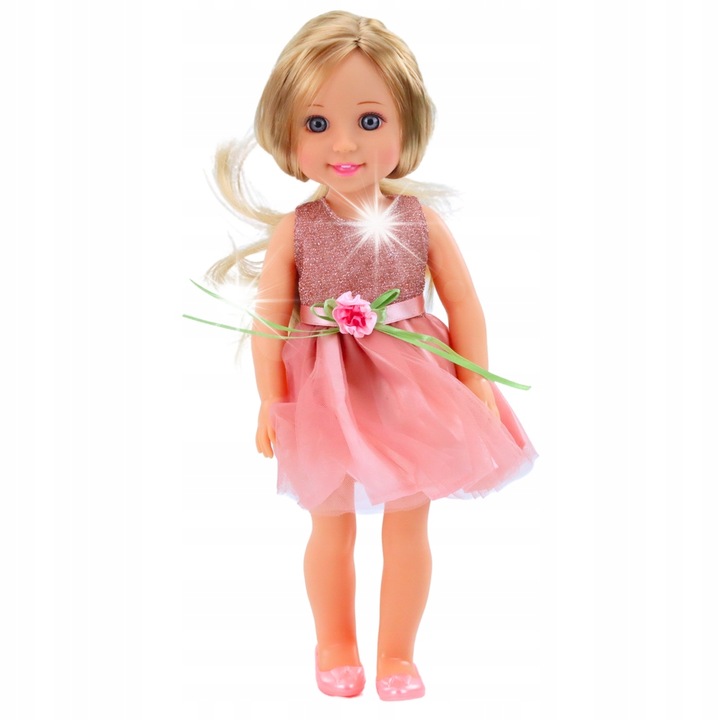 Baba kiegészítőkkel, LEAN Toys, 38 cm, rózsaszín ruha, hosszú haj, fésűvel