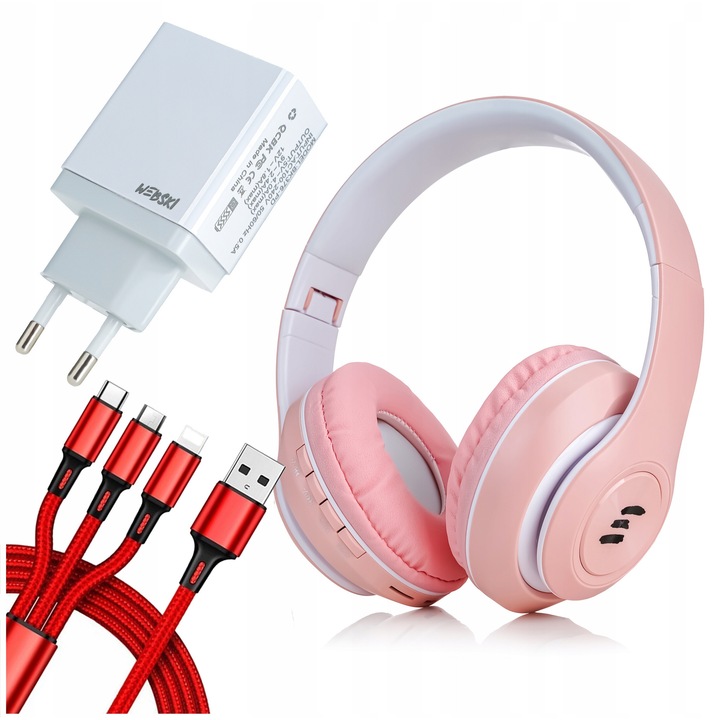Vezeték nélküli fejhallgató szett töltőkábellel és univerzális töltővel, Bluetooth 5.0 mikrofonnal és rádióval + 36W 4xUSB gyors töltő, rózsaszín