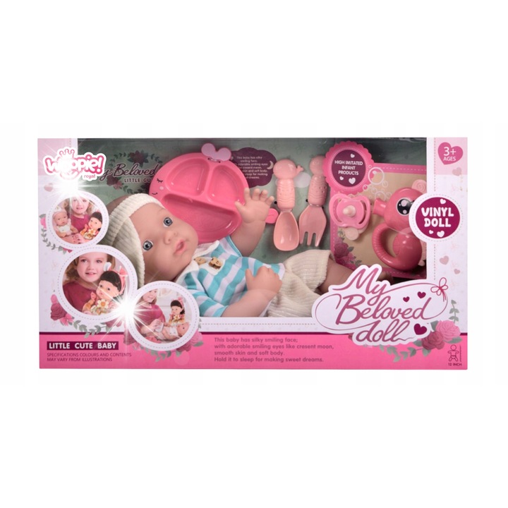 Woopie Babysitter szett babával és kiegészítőkkel, 30 cm, gyönyörű színek