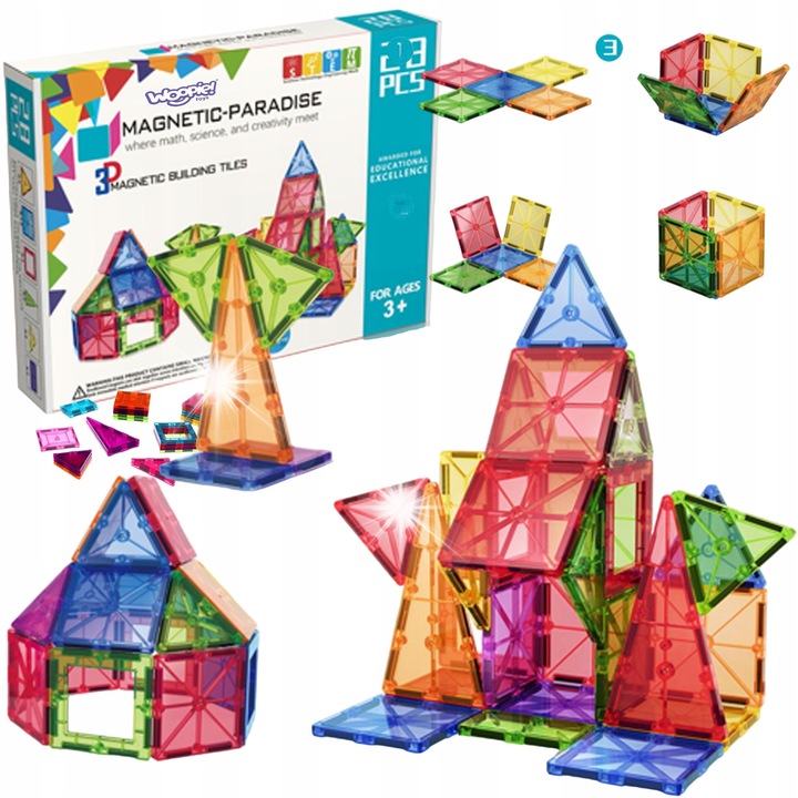 Комплект 3D магнитни блокчета, Woopie, 28 части, цветни, за развитие на креативността, 3 години+