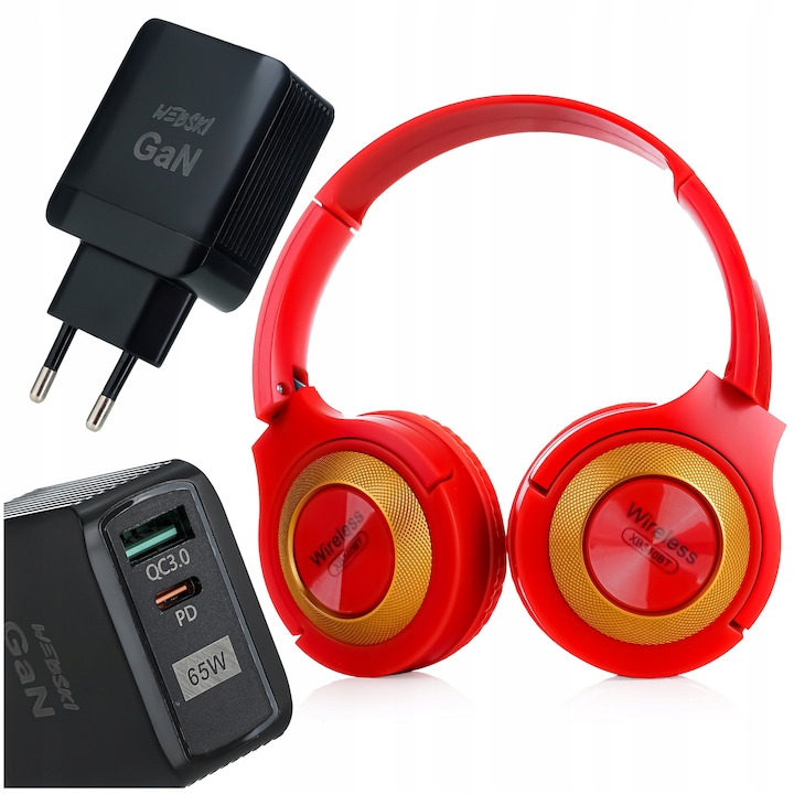 Webski összecsukható vezeték nélküli fejhallgató szett mikrofonnal és microSD olvasóval, Bluetooth, 20W, piros, univerzális töltővel