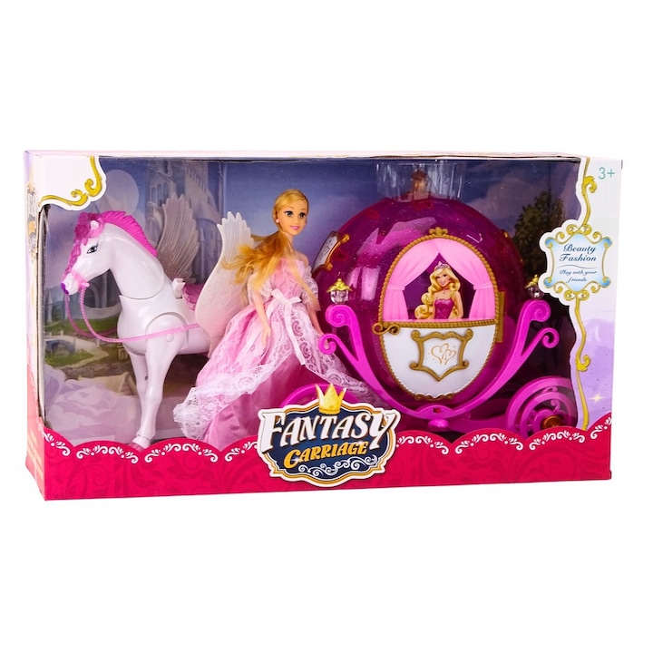 Babakészlet hintóval és lóval, rózsaszín, 60x34x19cm