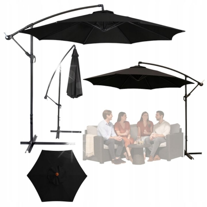 Страничен градински чадър с регулиране на наклона, 350x250см, черен, с включен калъф