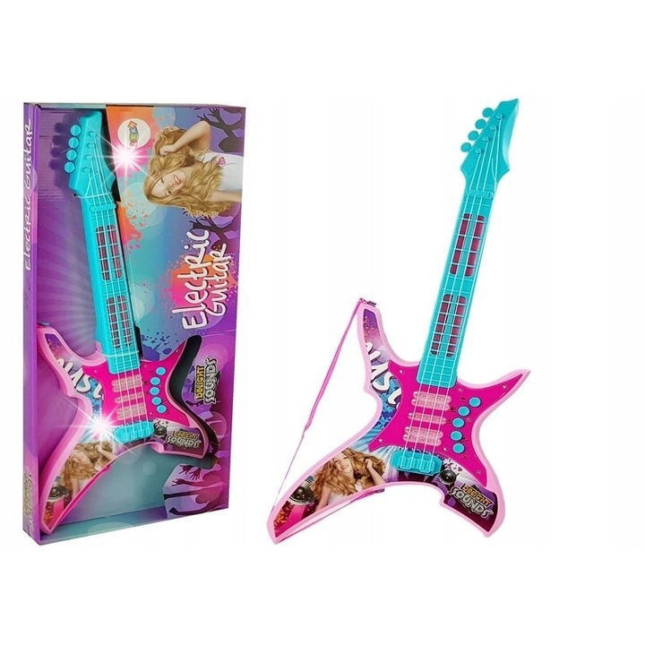 Розова електрическа китара със светлини и звуци, LEAN Toys, 62см, комплект за деца