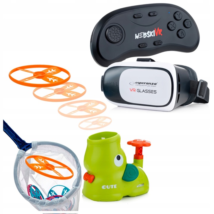 VR 3D 360° очила, Webski, с геймпад и пневматичен комплект за изстрелване на дискове Steppy