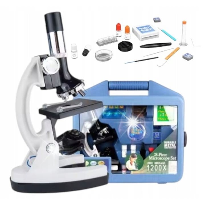 Оптичен микроскоп, 1200X, 3 обектива, естествено и изкуствено осветление, куфар за транспортиране