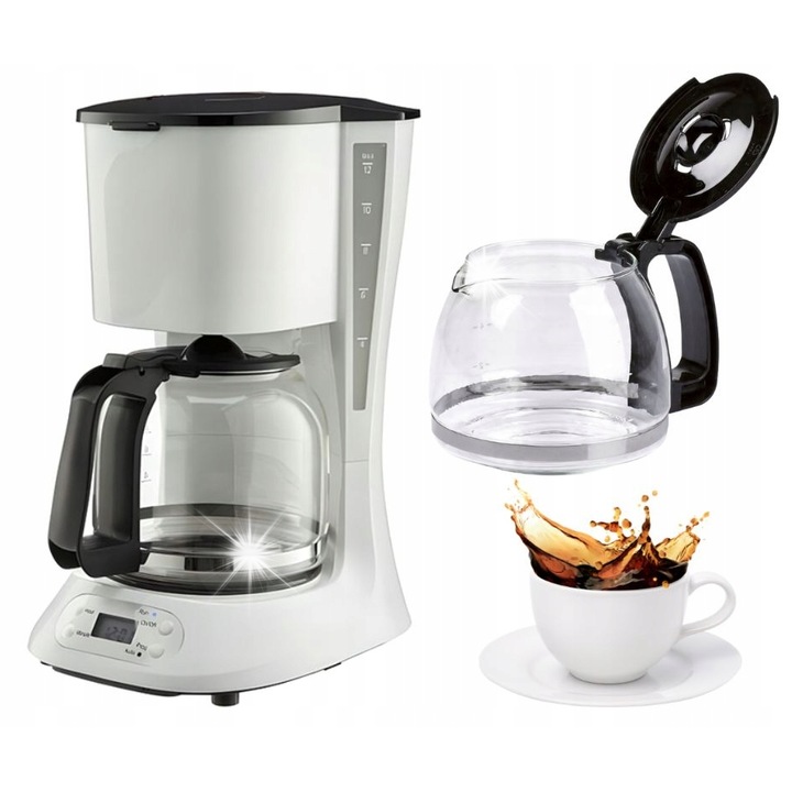 Cafetiere Quigg, model GT-CMT-02, 1,5L, 900W, cu timer, alb, set complet