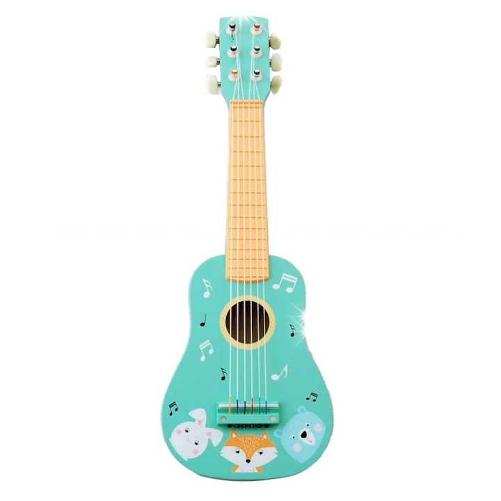 Játék gitár, Adam Toys, 6 húros, türkiz, 22cm, erdei állat szettel