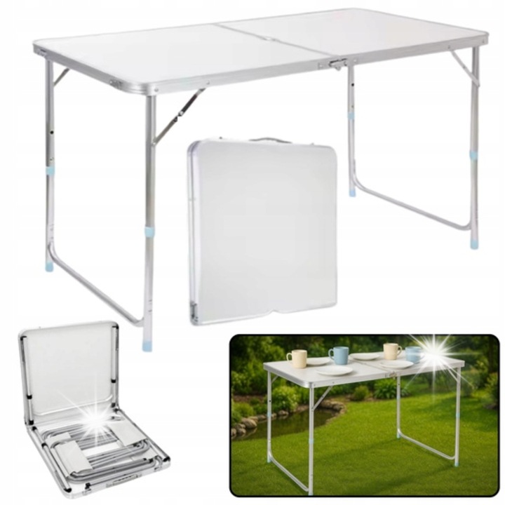 Сгъваема туристическа маса Lean, алуминий, 120x60см, бяла, регулируема височина