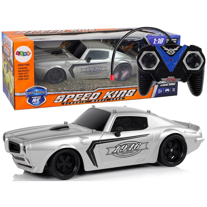 LEAN Toys Speed King KN7VKGD0 távirányítós autó, 1:18 modell, sport, gumi kerekekkel, ezüst, 23 cm