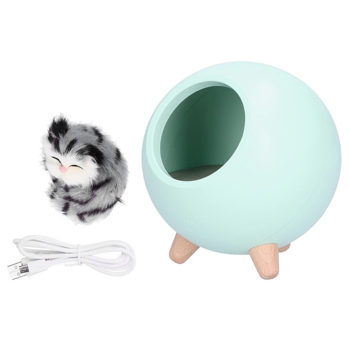 Lampa de noapte LED cu pisicuta, mint, dimabila, incarcare USB, 130x130x143mm