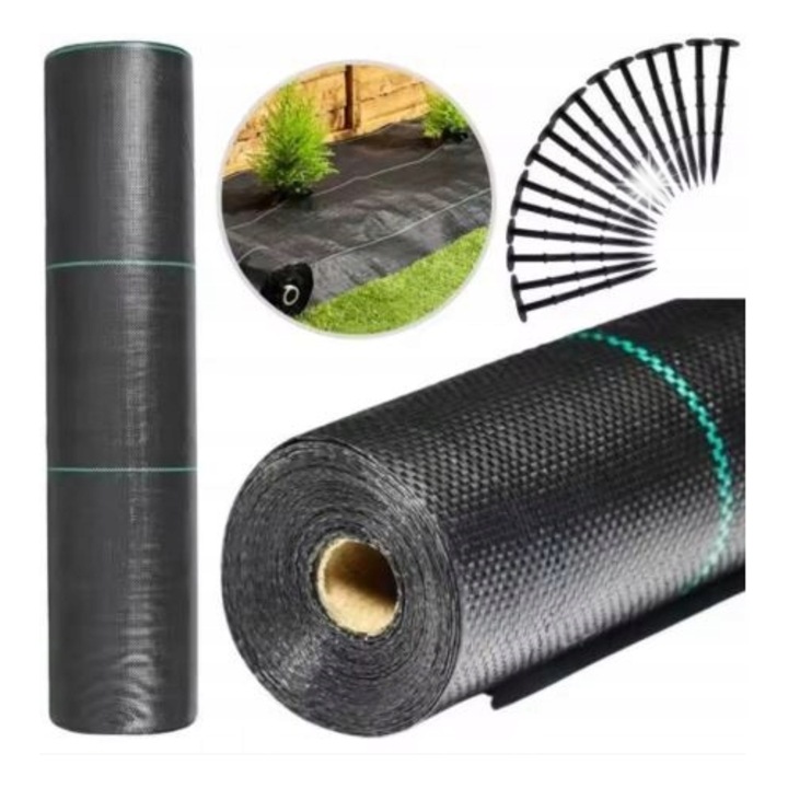 Agroszövet gyomirtó, 1,6m x 50m, 90g, UV védelem 3%, fekete, készlet 50 kanyarral