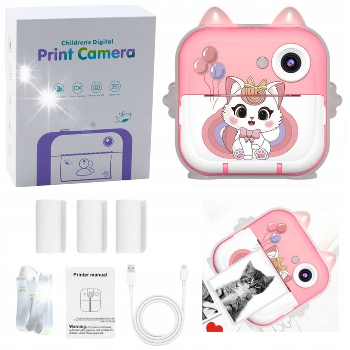 Моментален фотоапарат с термопринтер, 3 ролки, розов
