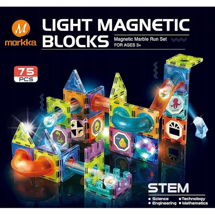 Магнитен конструктор със светещи елементи, 75 части, различни цветове