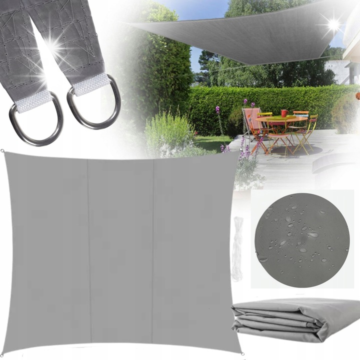Правоъгълна тента за слънце 3,6x3,6м сива, водоустойчива, комплект с въже за монтаж
