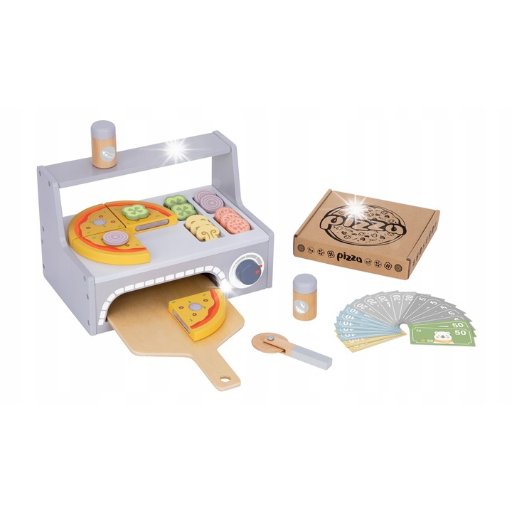 Pizzéria szett, Tooky Toy, fa sütő, 12 hozzávaló, 4 szelet pizza, 28,5x18x18cm