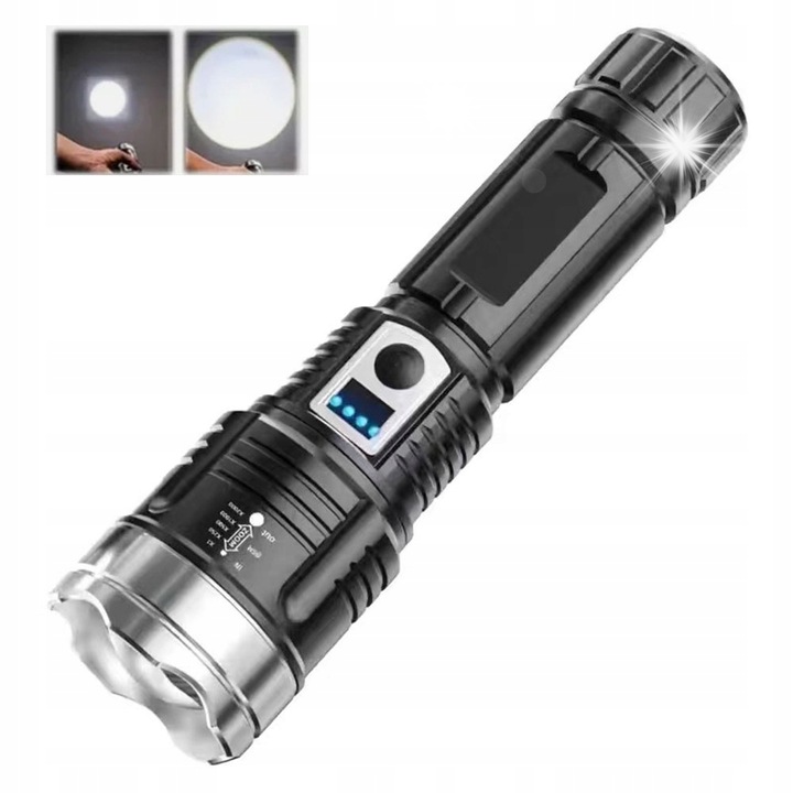Újratölthető LED lámpa, 30W, vízálló, teleszkópos zoom, 500m, kemping szett