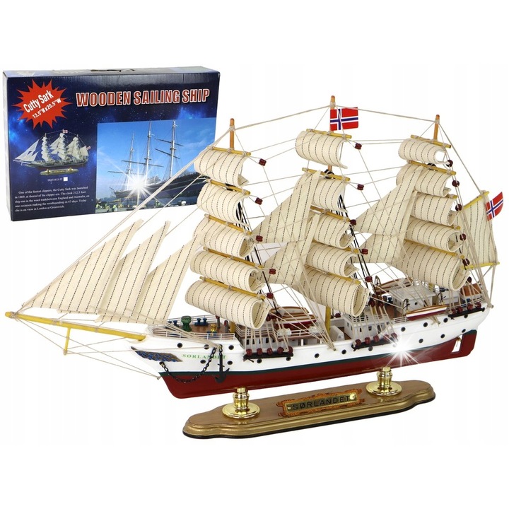 Sorlandet gyűjthető hajómodell, LEAN Toys, bordó-foltos zöld részletekkel, 54x35x11cm, komplett szett.