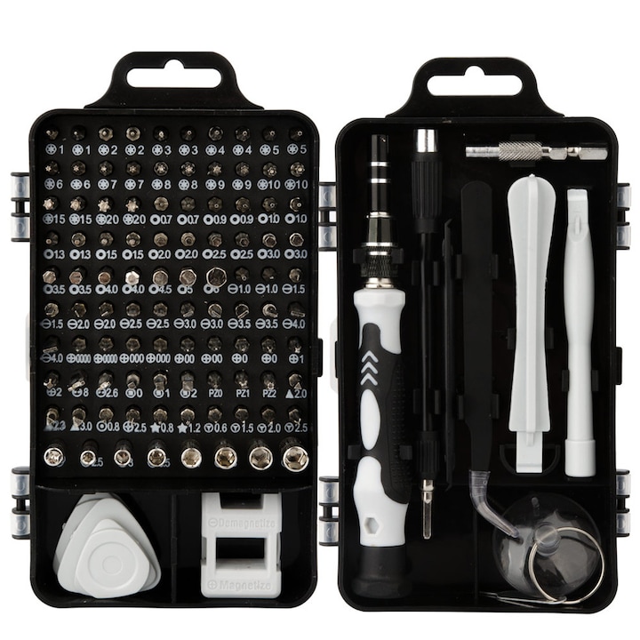 Precíziós csavarhúzó készlet, 115 darabos, különféle kiegészítők, méretei 157x90x52mm