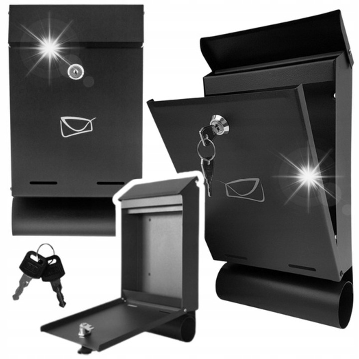 Levélszekrény, Lean, horganyzott acél, fekete, 32,5x22,5x9,5cm, újságtartóval, 2 kulccsal