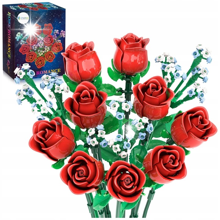 Építőkészlet, Stator, Virágcsokor, 9 piros rózsa, 3 gipsz ág, 649 elem, 25x18x7cm