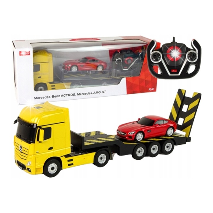 R/C Rastar vontató 1:26, Mercedes autóval, sárga és piros, 64x16x10cm, 18x5x8cm